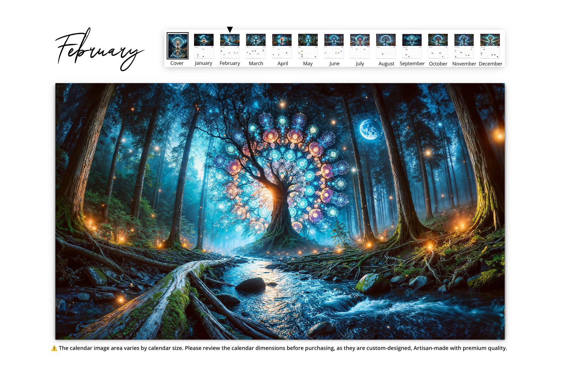 February An ethereal tree adorned with vibrant mandala-like patterns in a magical forest, lit by soft moonlight with twinkling lights surrounding the scene.