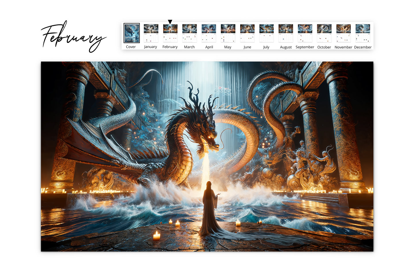 February calendar page showcasing a majestic dragon illuminated by candles and ancient columns creating a captivating and mystical atmosphere