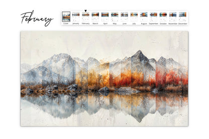 February calendar layout with a panoramic view of mountains and autumn foliage mirrored in a tranquil lake