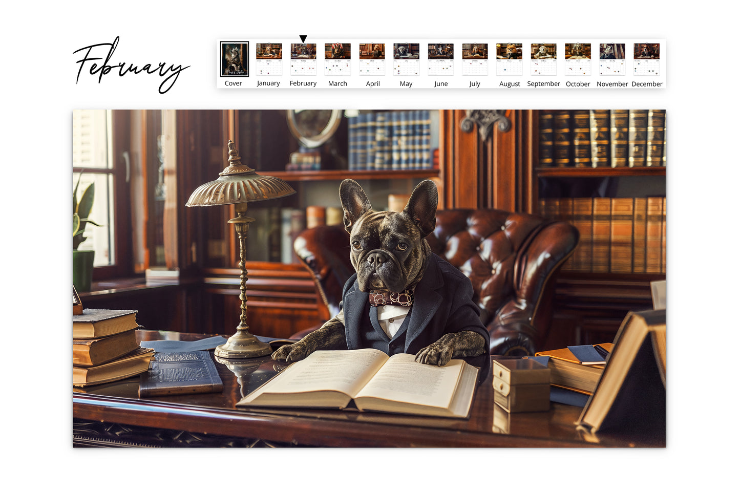 February page of the Paws of Justice calendar featuring a French Bulldog dressed in a suit, sitting at a desk with a large open book in a vintage office