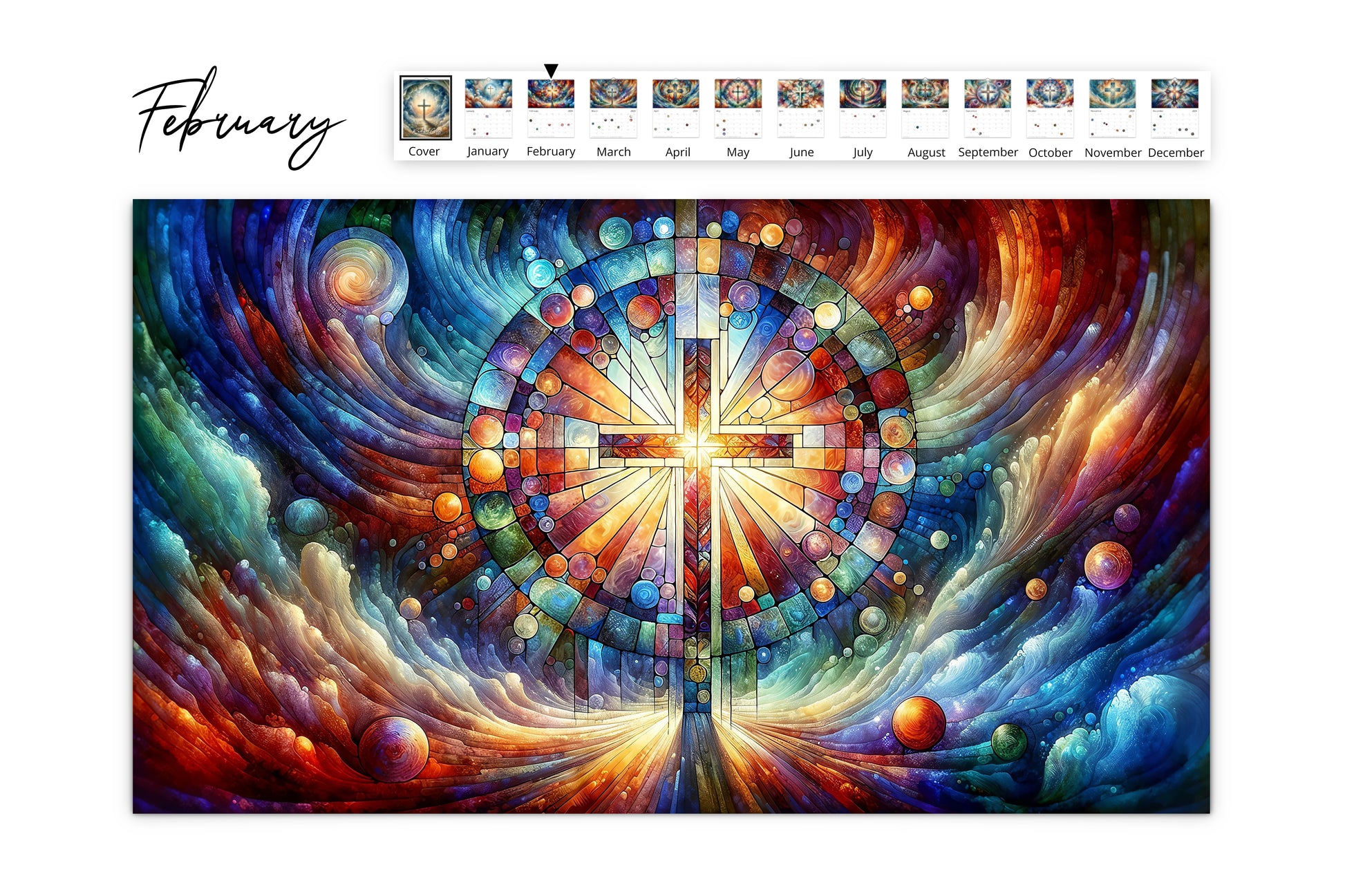 February page highlights a vibrant kaleidoscopic depiction of a cross amidst swirling patterns of blues, reds, and purples, with the months calendar below.
