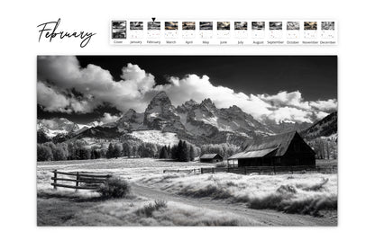 February calendar page displaying a rustic barn and a wooden fence in a peaceful valley framed by towering mountains with dramatic clouds above