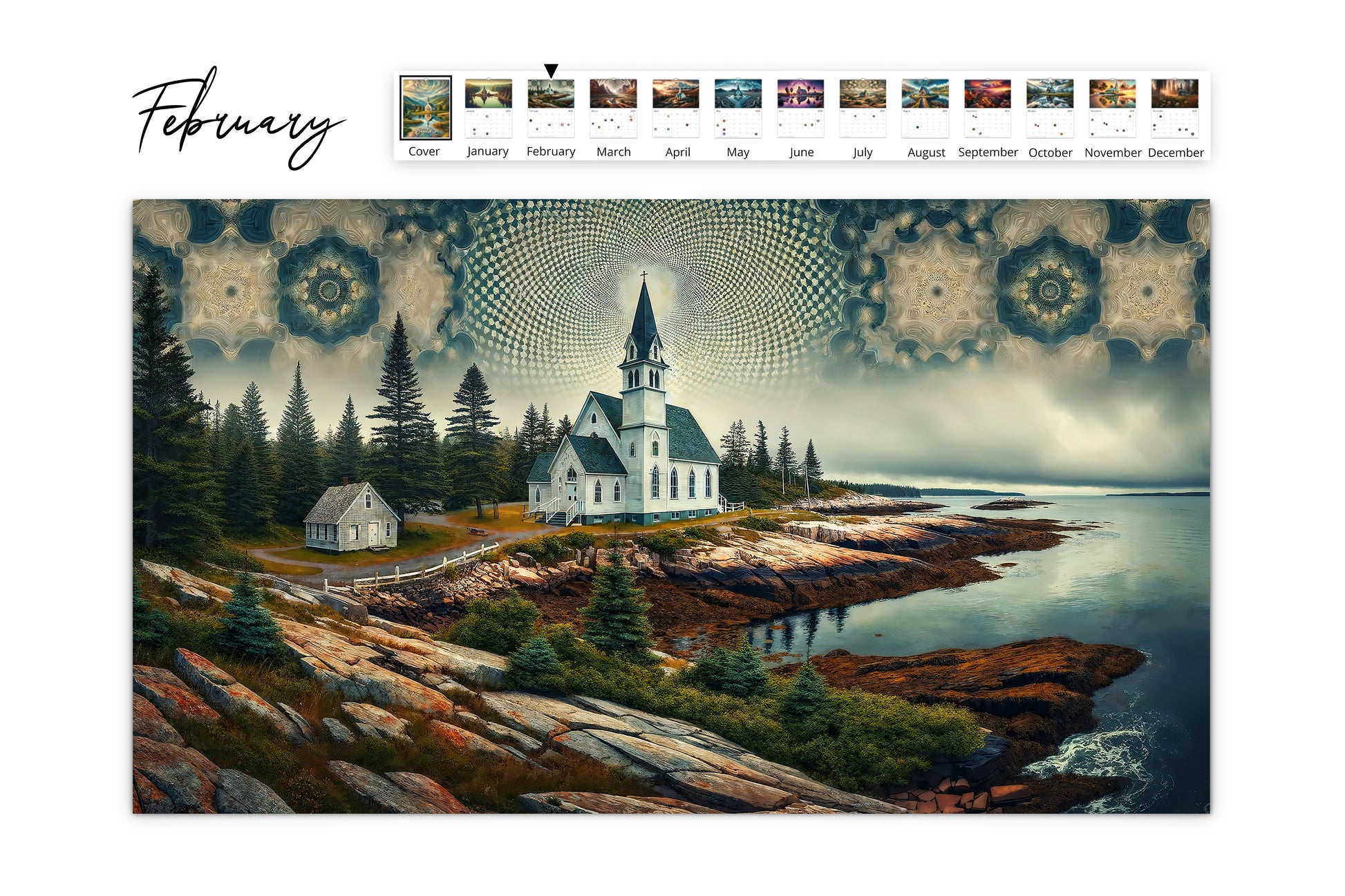 February calendar page showcasing a coastal chapel and house with an intricate sky pattern, rocky shore, and calm waters