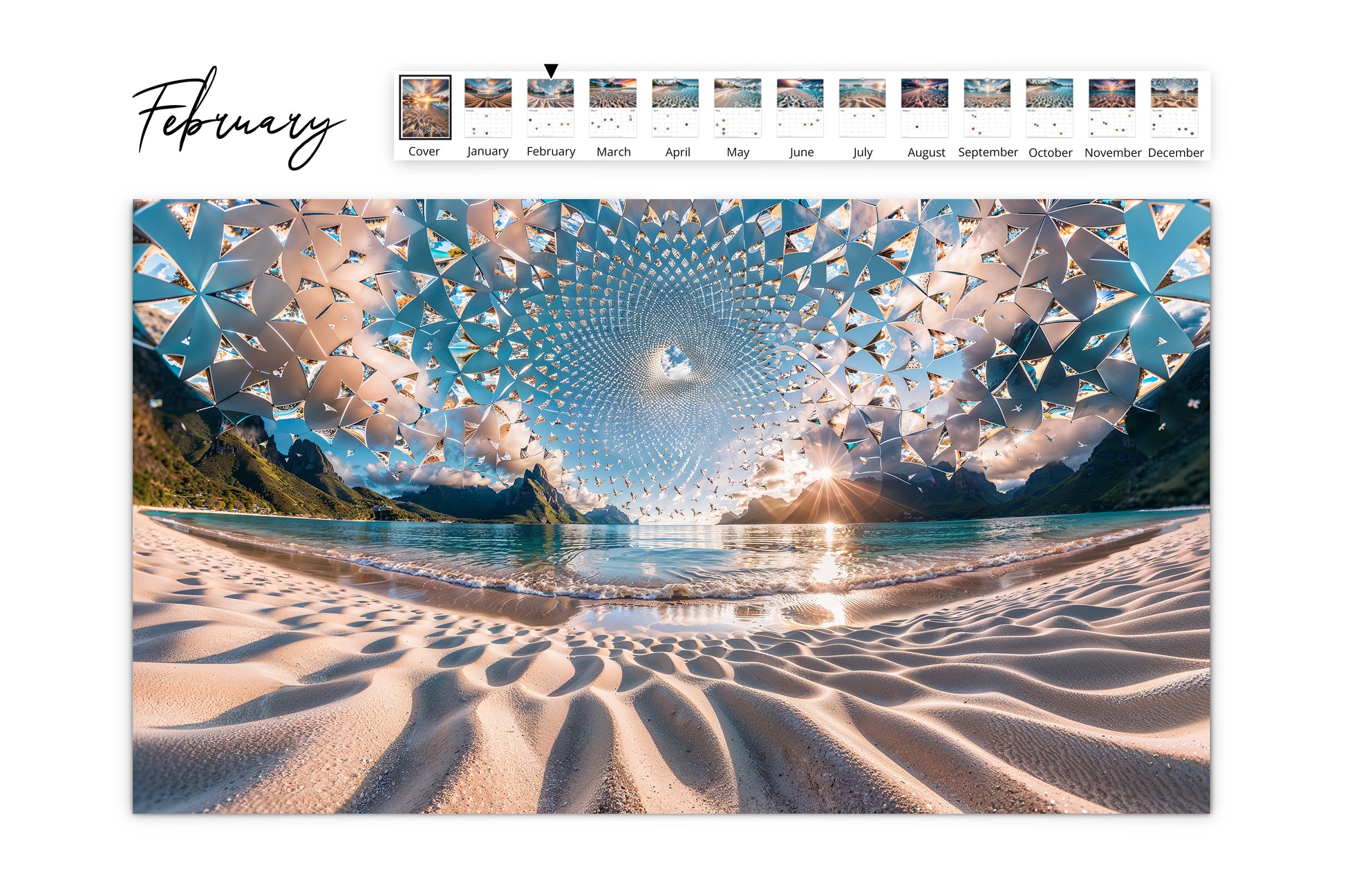 February calendar page displaying a kaleidoscope effect over a serene beach in Bora Bora