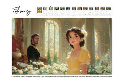 February: A young Snow White in a sunlit palace filled with white flowers, with a regal figure in the background.