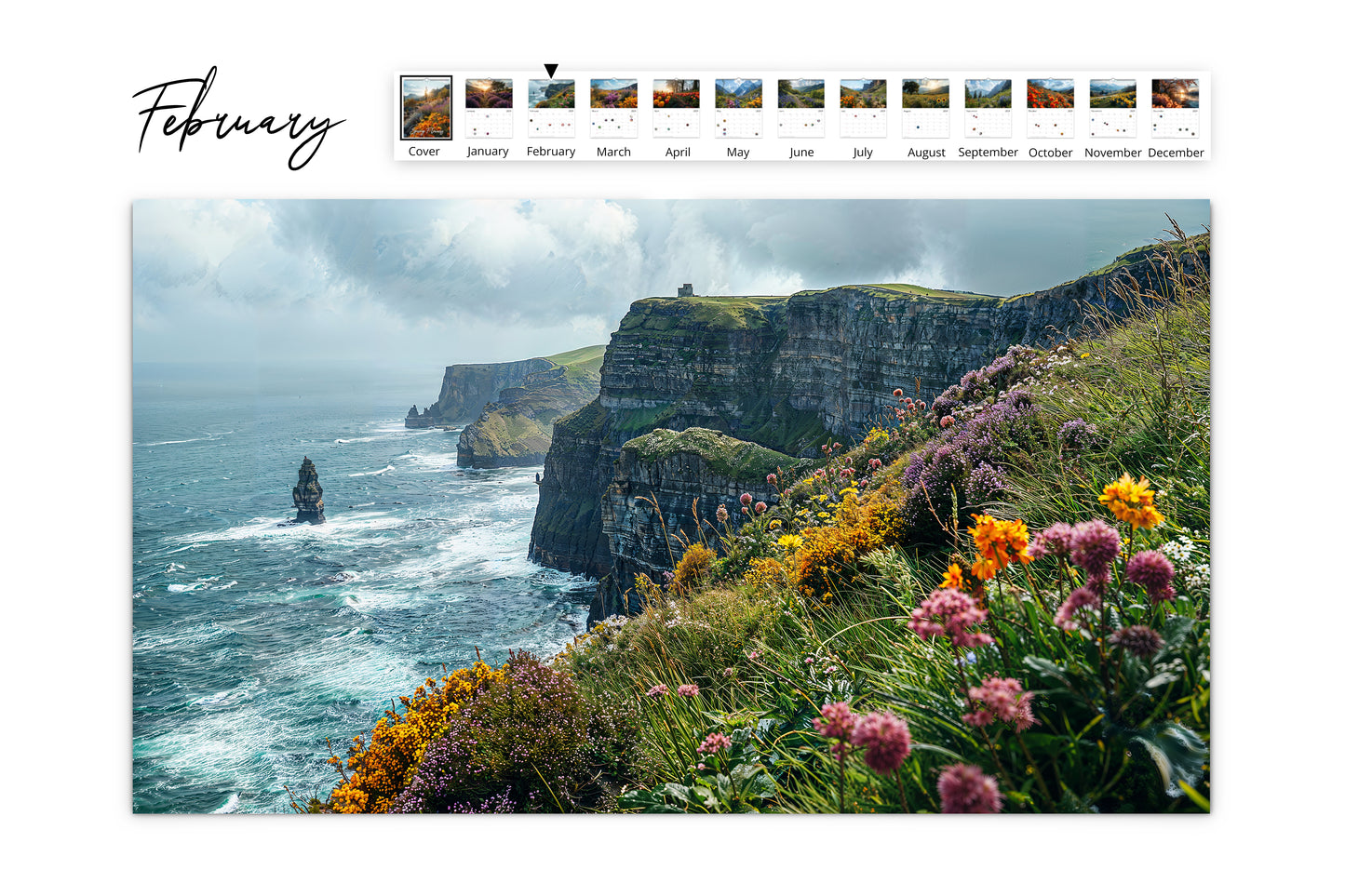 February calendar page showcasing a dramatic coastal cliff with wildflowers in bloom under a cloudy sky.