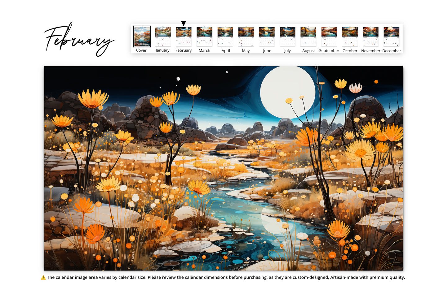 February calendar page displaying a dreamy night desert landscape under a full moon with golden flowers along a winding stream