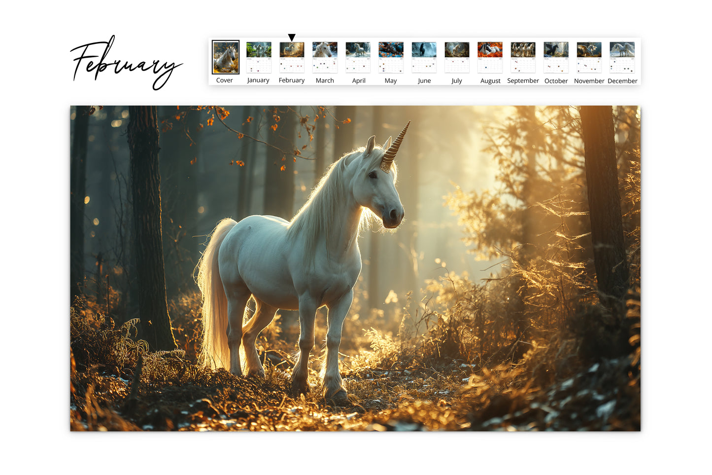 February calendar page depicting a unicorn standing in a sunlit forest with golden light filtering through the trees