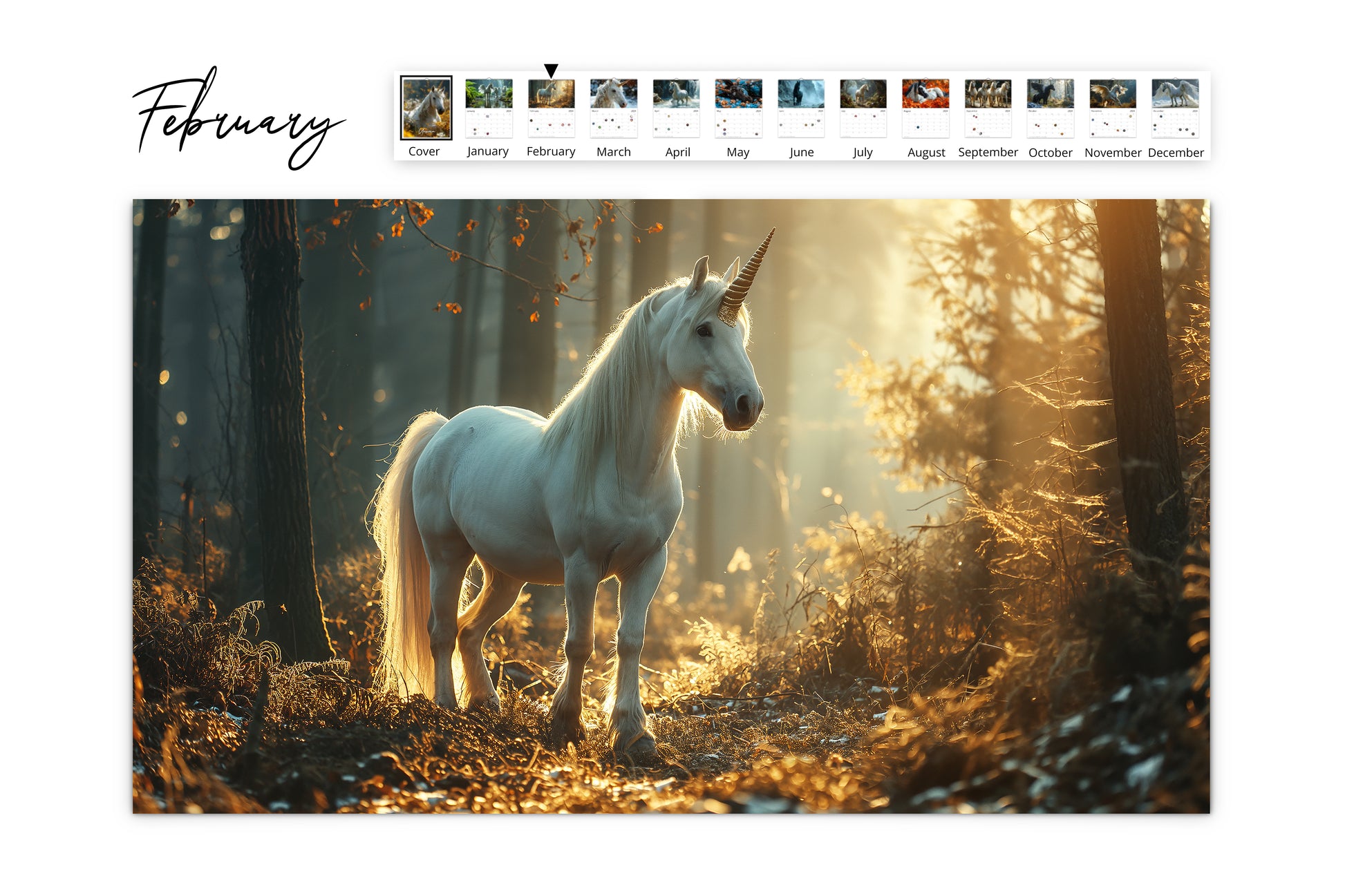 February calendar page depicting a unicorn standing in a sunlit forest with golden light filtering through the trees