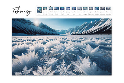 February page features a close-up view of intricate snow crystals with a mountain backdrop