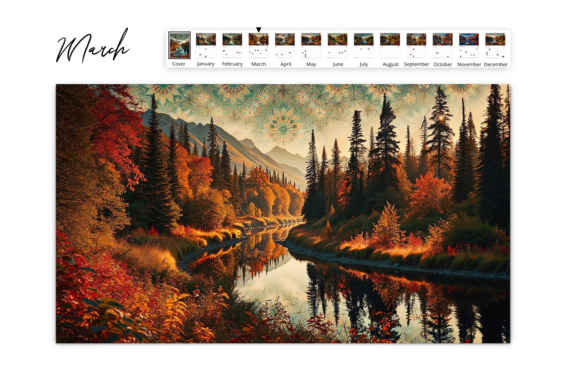 March: Peaceful river flowing through a scenic Alaskan autumn landscape, reflecting rich oranges and reds of fall foliage under an intricately patterned kaleidoscope sky.