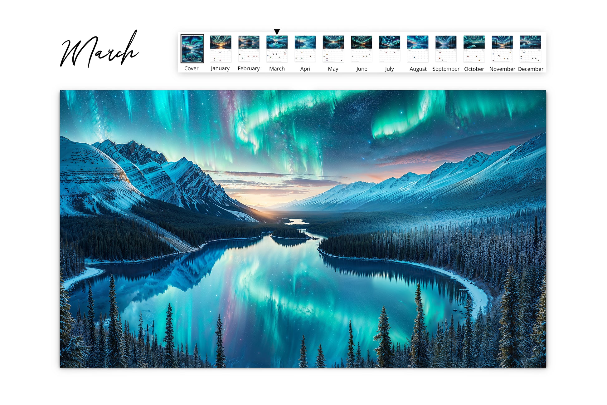 March calendar page presenting a wide view of the northern lights over a snow-capped mountain range and river