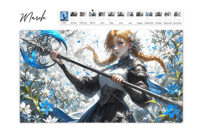 March page of the Anime Inspired Enchantress calendar displaying a vibrant image of a warrior maiden with braided hair, holding a blue-tipped staff amidst blooming flowers and butterflies