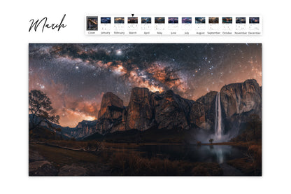 March page of the Artistic Waterfall calendar depicting a serene waterfall with a dramatic star-filled sky backdrop