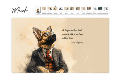 March page of the Canine Counsel Wall Calendar displaying a German shepherd in a suit with the quote "A lawyer without books would be like a workman without tools" by Thomas Jefferson. Includes calendar grid with holiday markings.