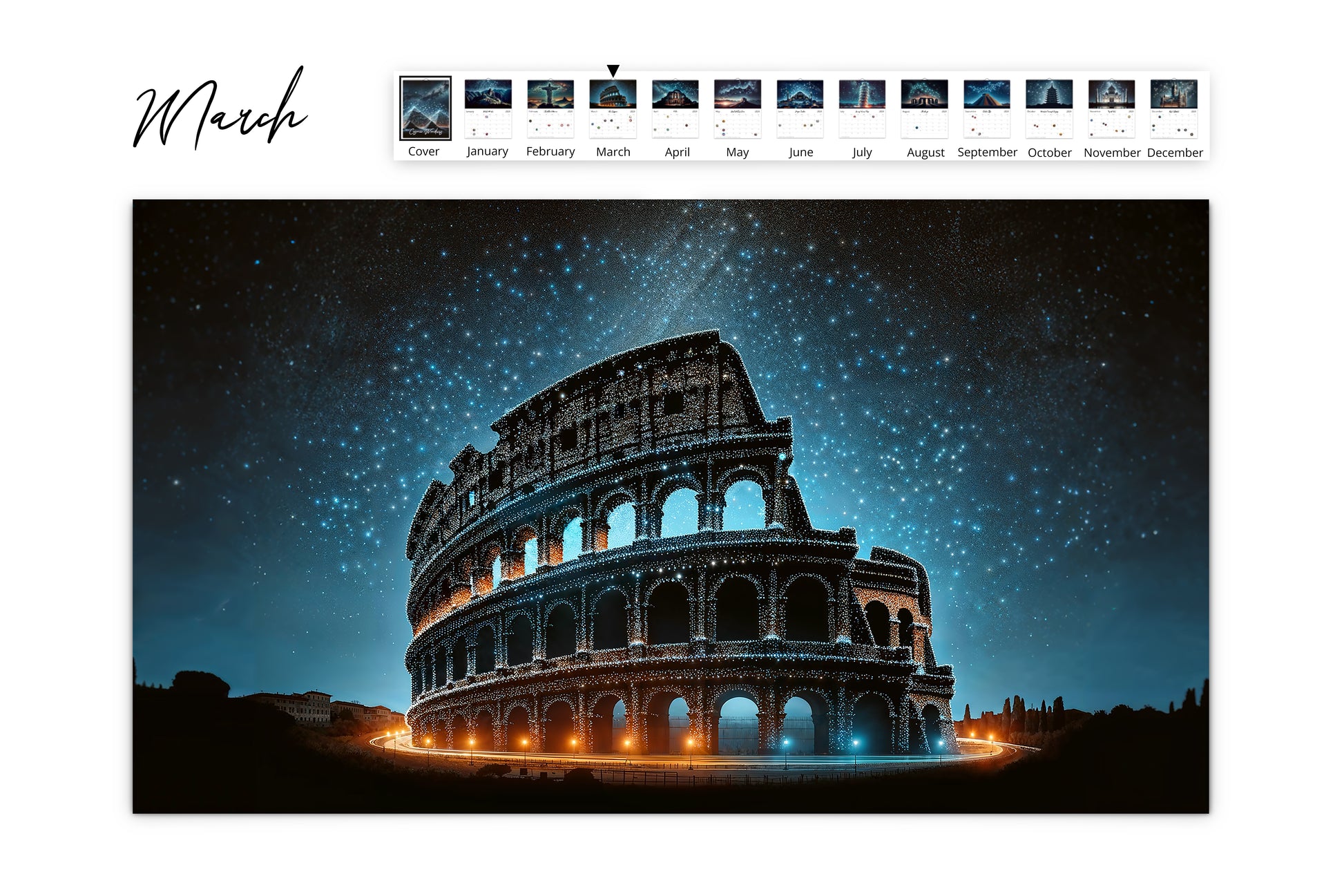 March calendar page featuring the Colosseum in Rome beautifully illuminated under a starry sky with constellation designs