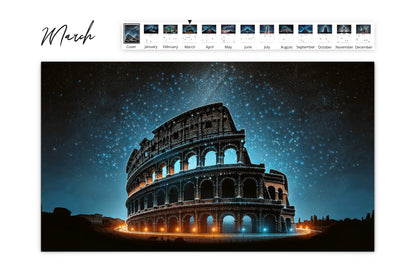 March calendar page featuring the Colosseum in Rome beautifully illuminated under a starry sky with constellation designs