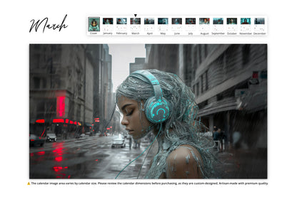 March: Woman with blue headphones in a rainy cityscape, merging with the digital surroundings.