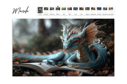 March page of the calendar depicting a serene blue dragon lying beside a book in an enchanting forest.