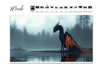 March page: black dragon with red wings by a misty lake, tall trees in the background.