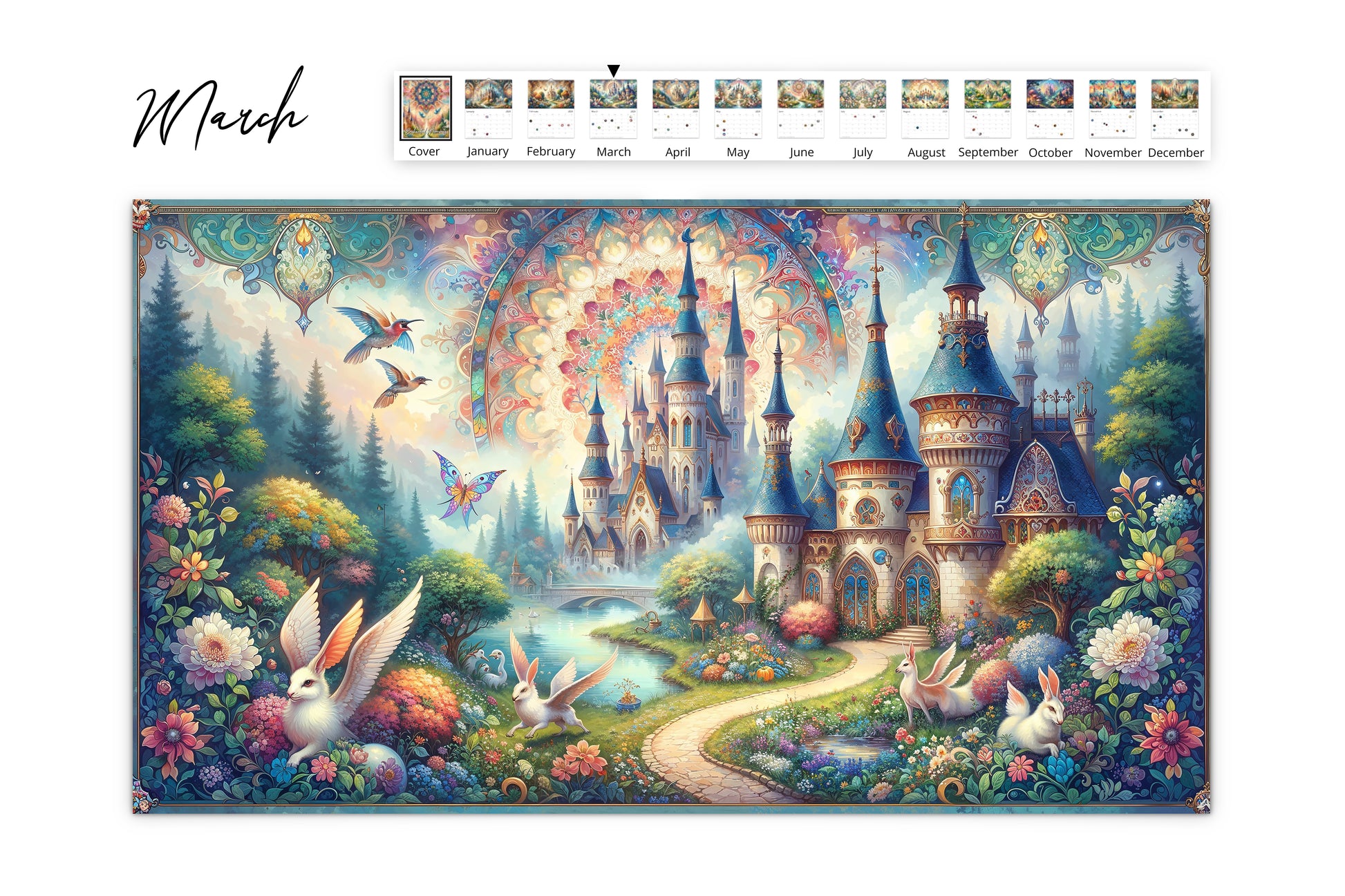 March calendar page showcasing a magical castle scene with vibrant gardens, whimsical animals, and intricate decorative elements