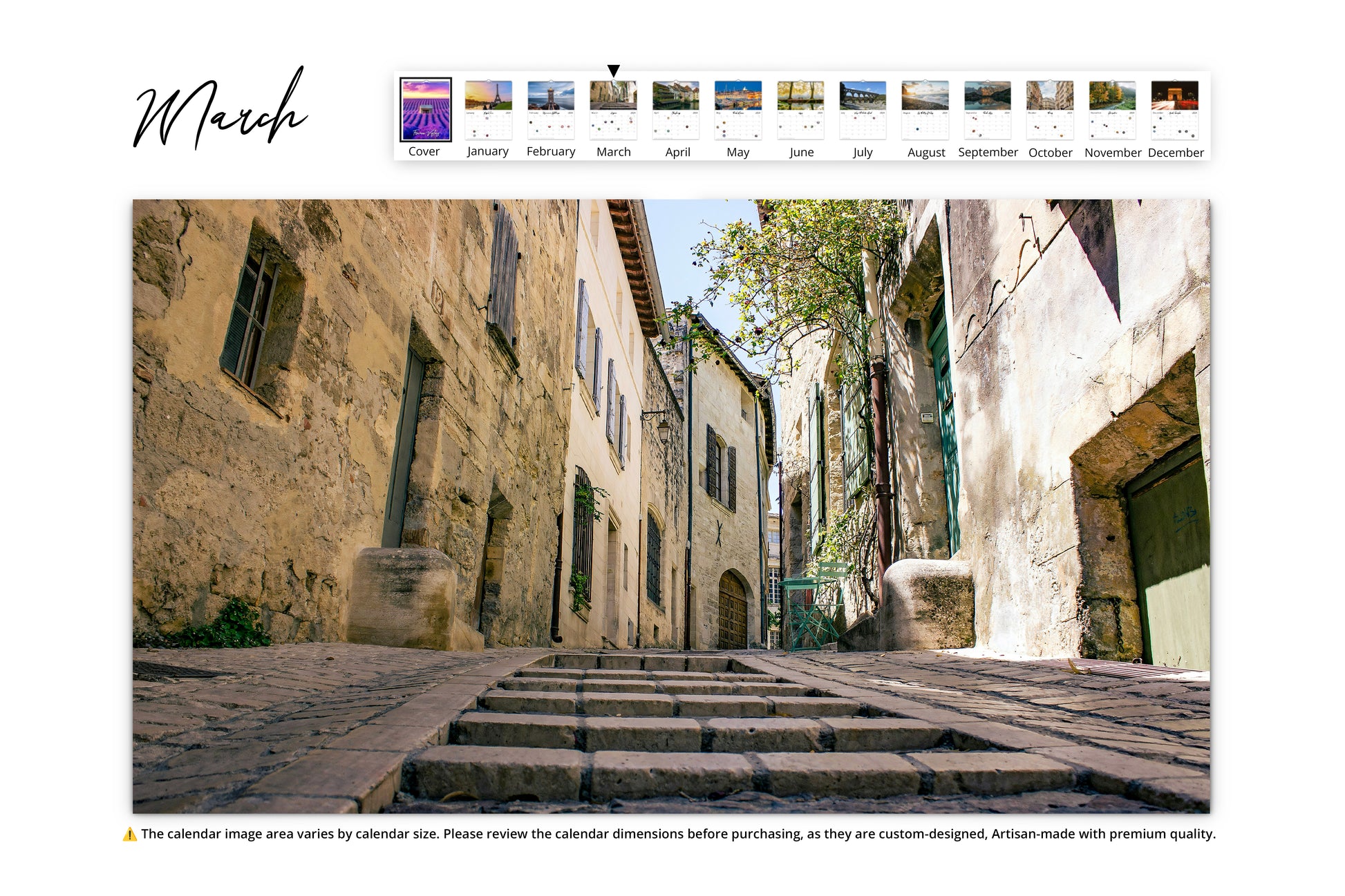 Narrow, cobblestone street lined with historic stone buildings in a quaint French village.