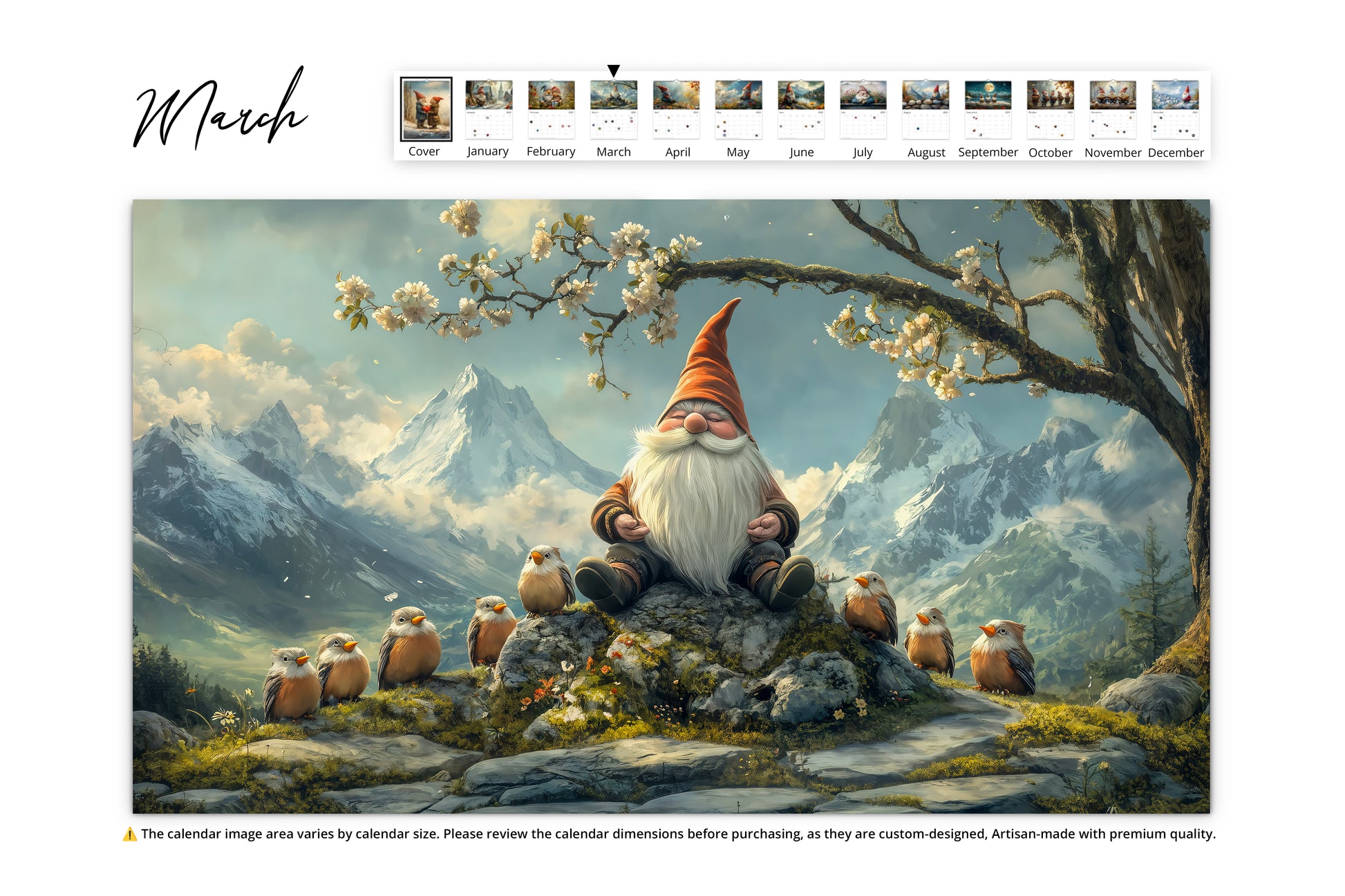 March image of a wise gnome sitting on a rock with birds, mountains, and blooming trees in the background  