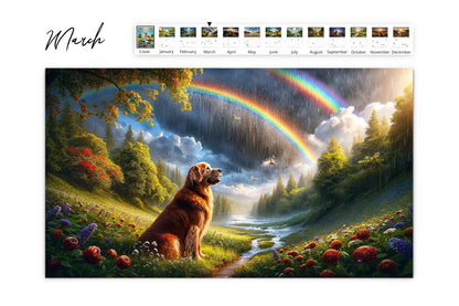 March scene depicting a Golden Retriever observing a rainbow in a misty, flower-laden valley, with a vibrant mandala enhancing the sky.