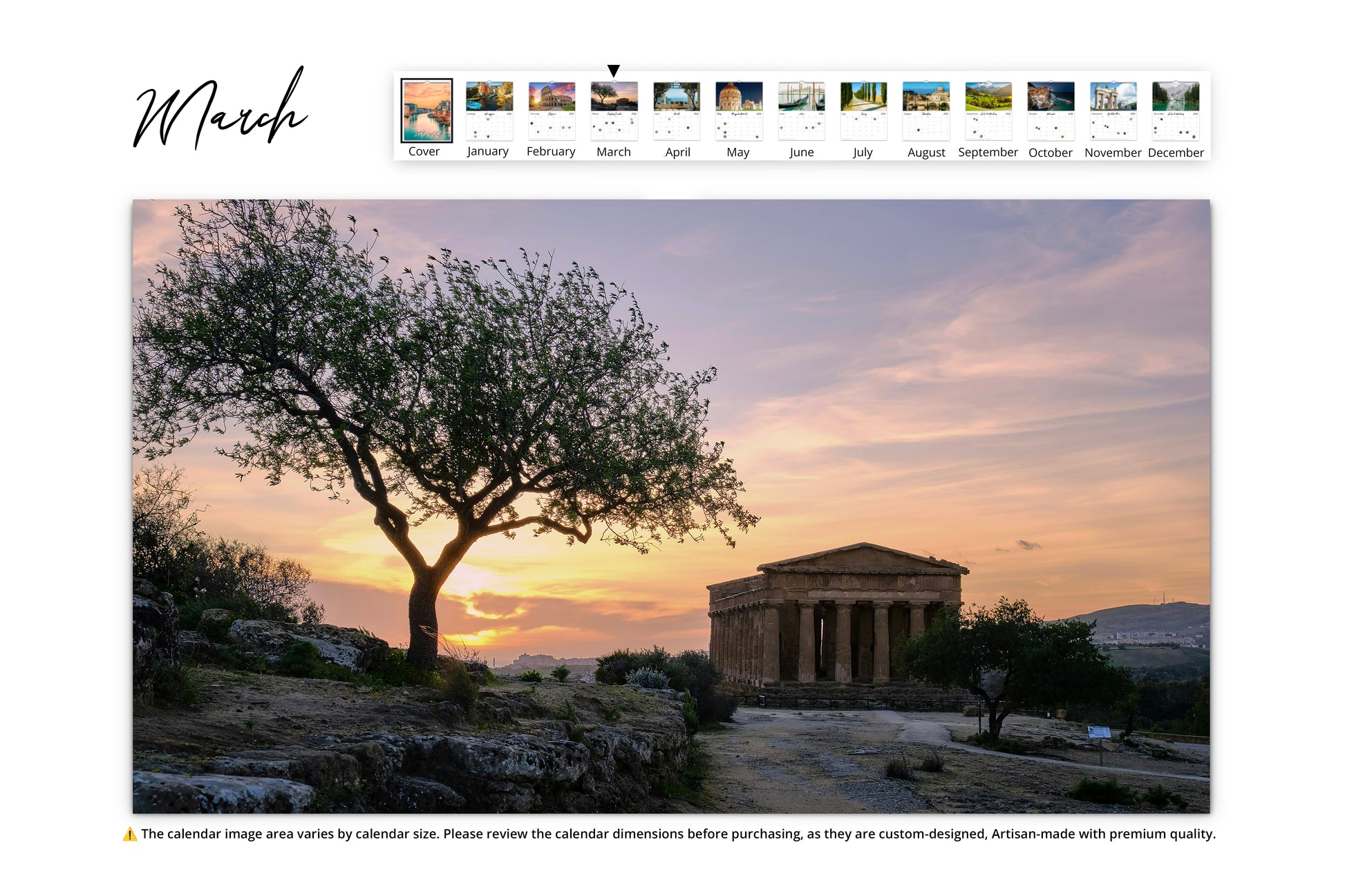 March Image A serene view of the Temple of Concordia in Sicily, Italy, at sunset with a solitary olive tree in the foreground.