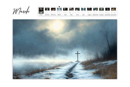 March calendar page showing a cross in a snowy landscape with a misty sky and a sun breaking through clouds