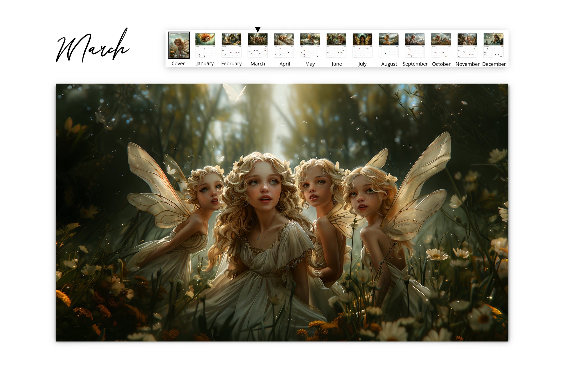 March page featuring four fairies with delicate wings in a serene forest glade illuminated by soft light