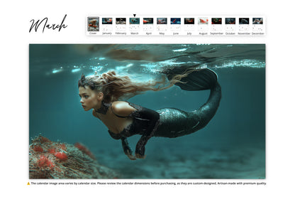 A powerful underwater shot of a dark-haired mermaid with a green shimmering tail swimming among coral reefs, surrounded by blue ocean waters and light beams penetrating the surface.