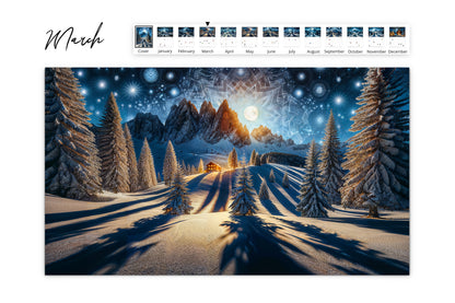 March page of Moonlit Mountains calendar highlighting a serene winter scene with mountains and pine trees under a star-filled sky