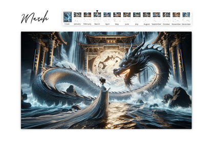 March calendar page with a grand dragon and a poised figure standing in front of an elaborate ancient gate with flowing water adding to the mystical ambiance