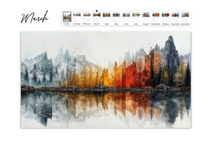 March calendar layout displaying a striking mountain range with vibrant autumn colors and reflections in the lake