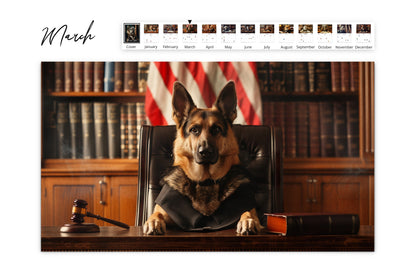 March page of the Paws of Justice calendar showcasing a German Shepherd as a judge with a gavel on the desk and the American flag in the background