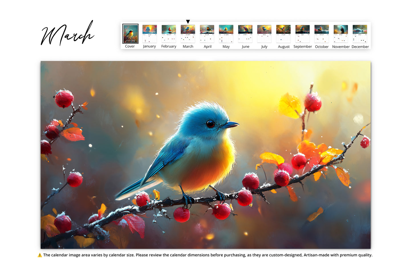 March calendar page showing a bluebird perched on a branch with bright berries and an ethereal background of sunlight and frost.