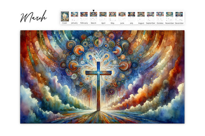 March page displays a cross with complex geometric patterns and vivid cloud formations in the background, with the calendar grid beneath.