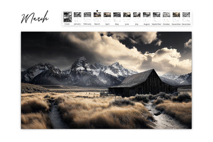 March calendar page showing a weathered barn surrounded by tall grasses with snow-capped mountains in the distance under a moody sky