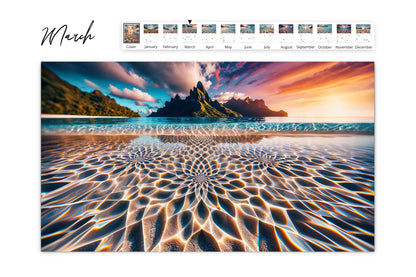 March calendar page with a stunning view of the Sands of Bora Bora and a vibrant sunset