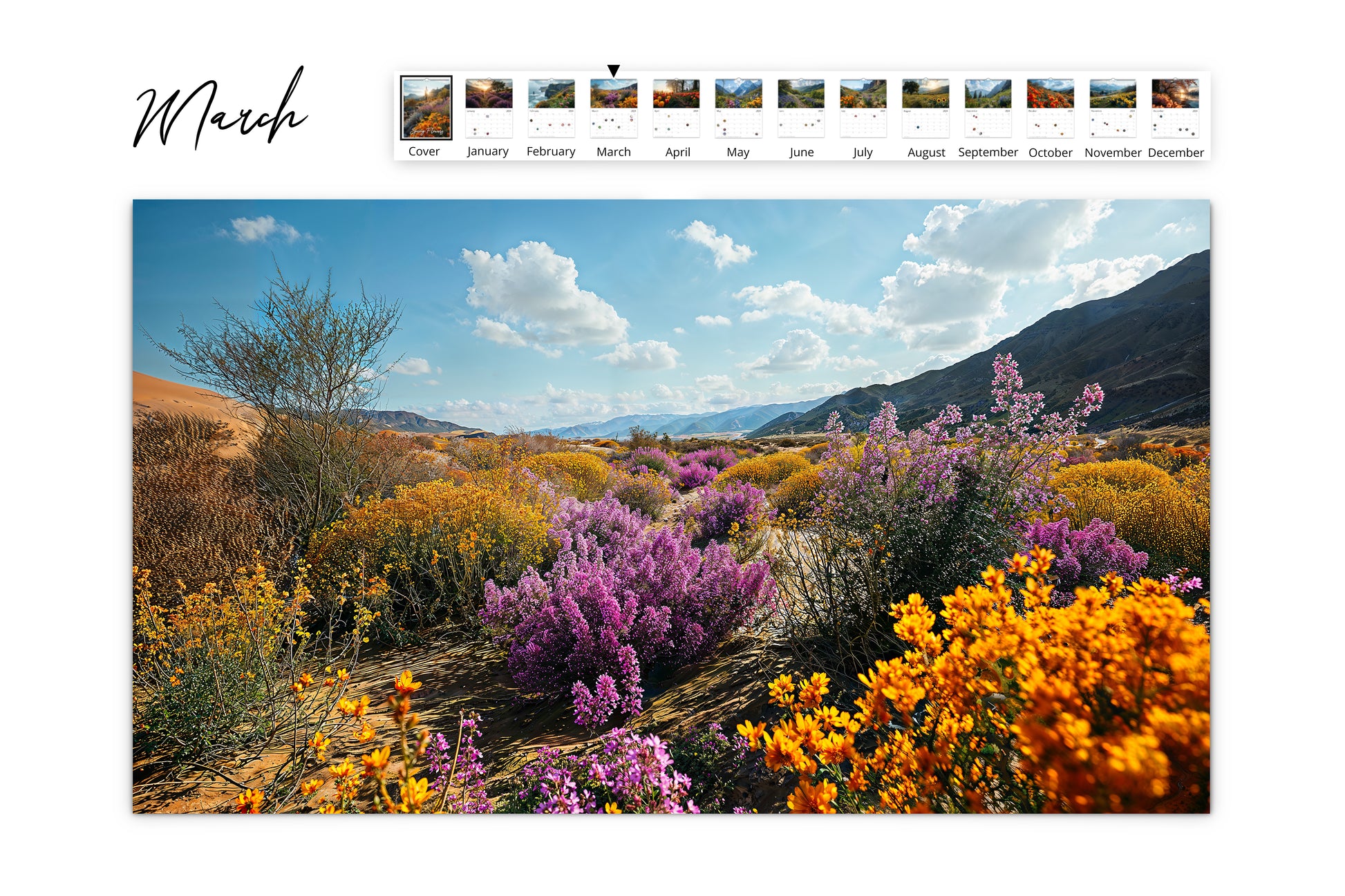 March calendar page depicting a desert landscape with vibrant purple and orange flowers beneath a bright blue sky.