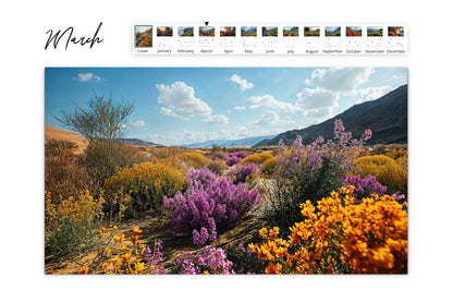 March calendar page depicting a desert landscape with vibrant purple and orange flowers beneath a bright blue sky.