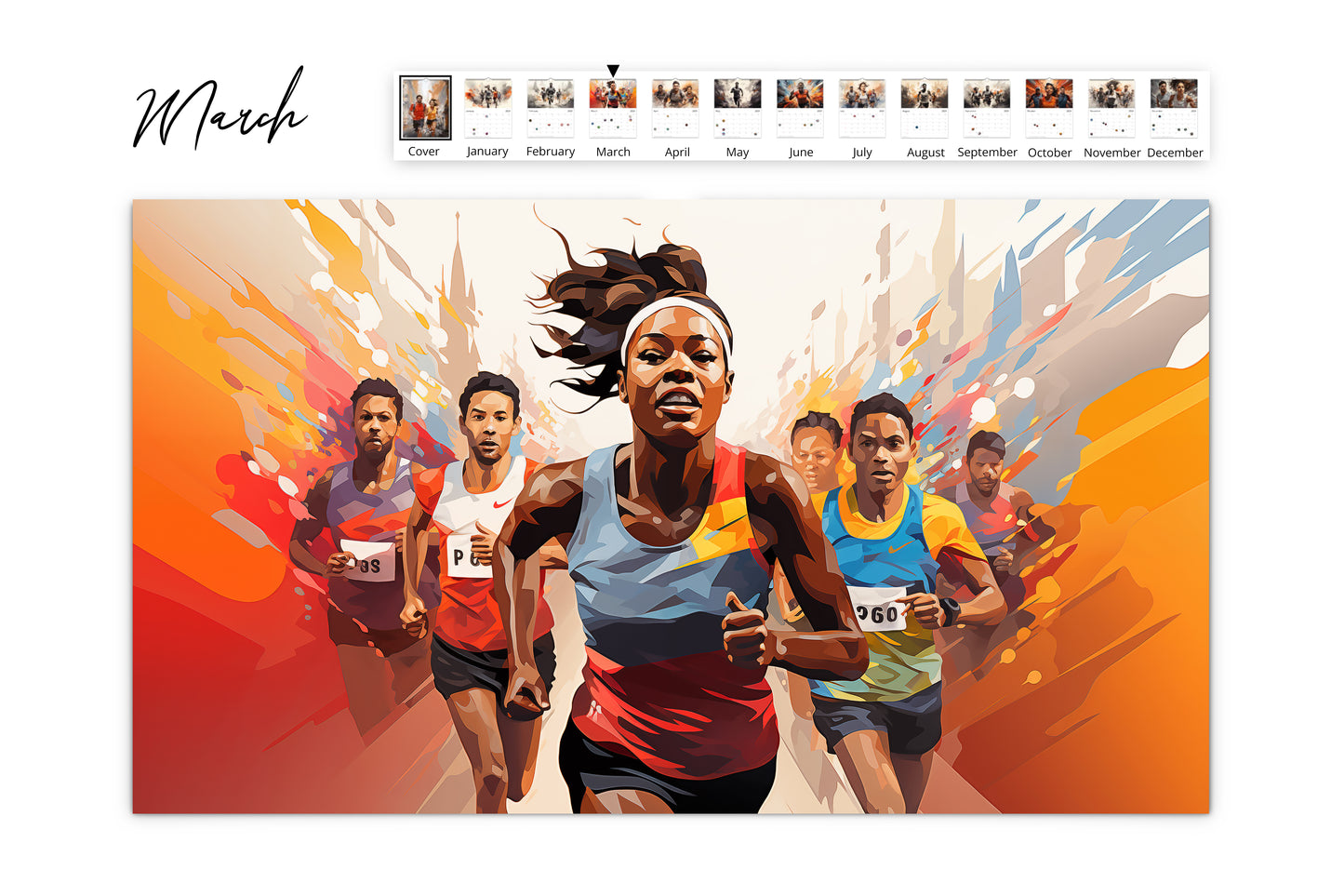 March calendar page displaying a group of runners in a colorful and energetic scene with the lead runner in a close-up, vibrant background of abstract shapes and colors