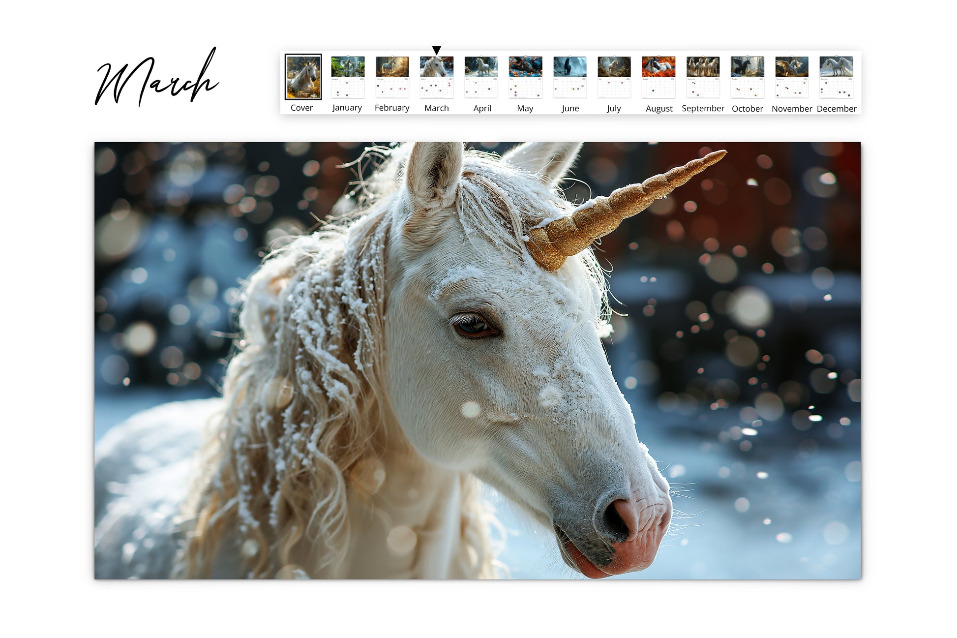 March calendar page with a close-up of a unicorn's head covered in snowflakes, set against a snowy backdrop