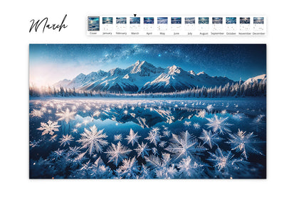 March page displays sparkling snow crystals over a frozen lake with a mountain range under starlit skies