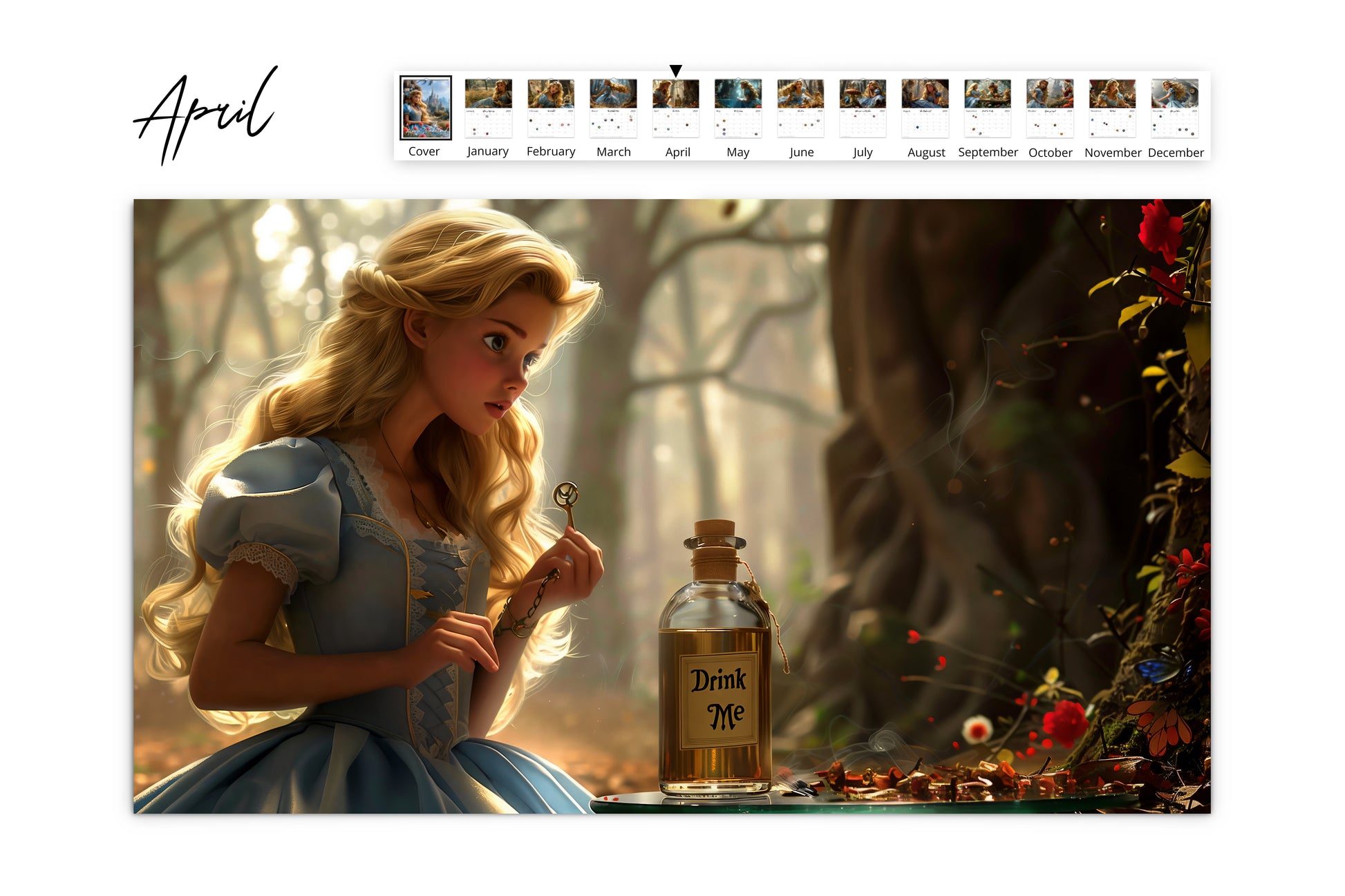 April calendar page featuring Alice examining a bottle labeled Drink Me with a key in her hand in an enchanted forest