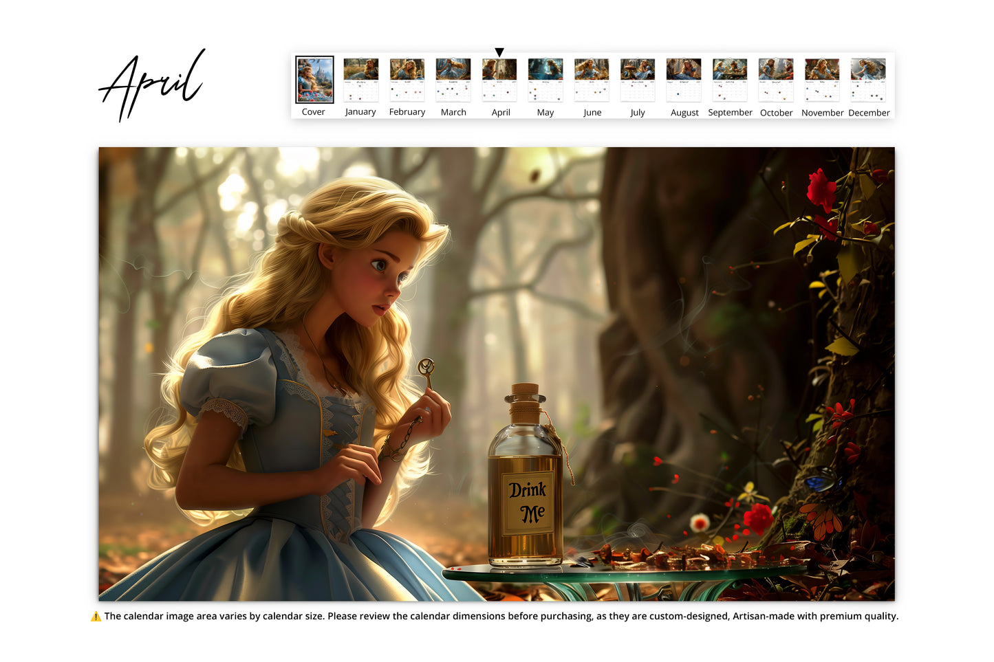 April calendar page featuring Alice examining a bottle labeled Drink Me with a key in her hand in an enchanted forest