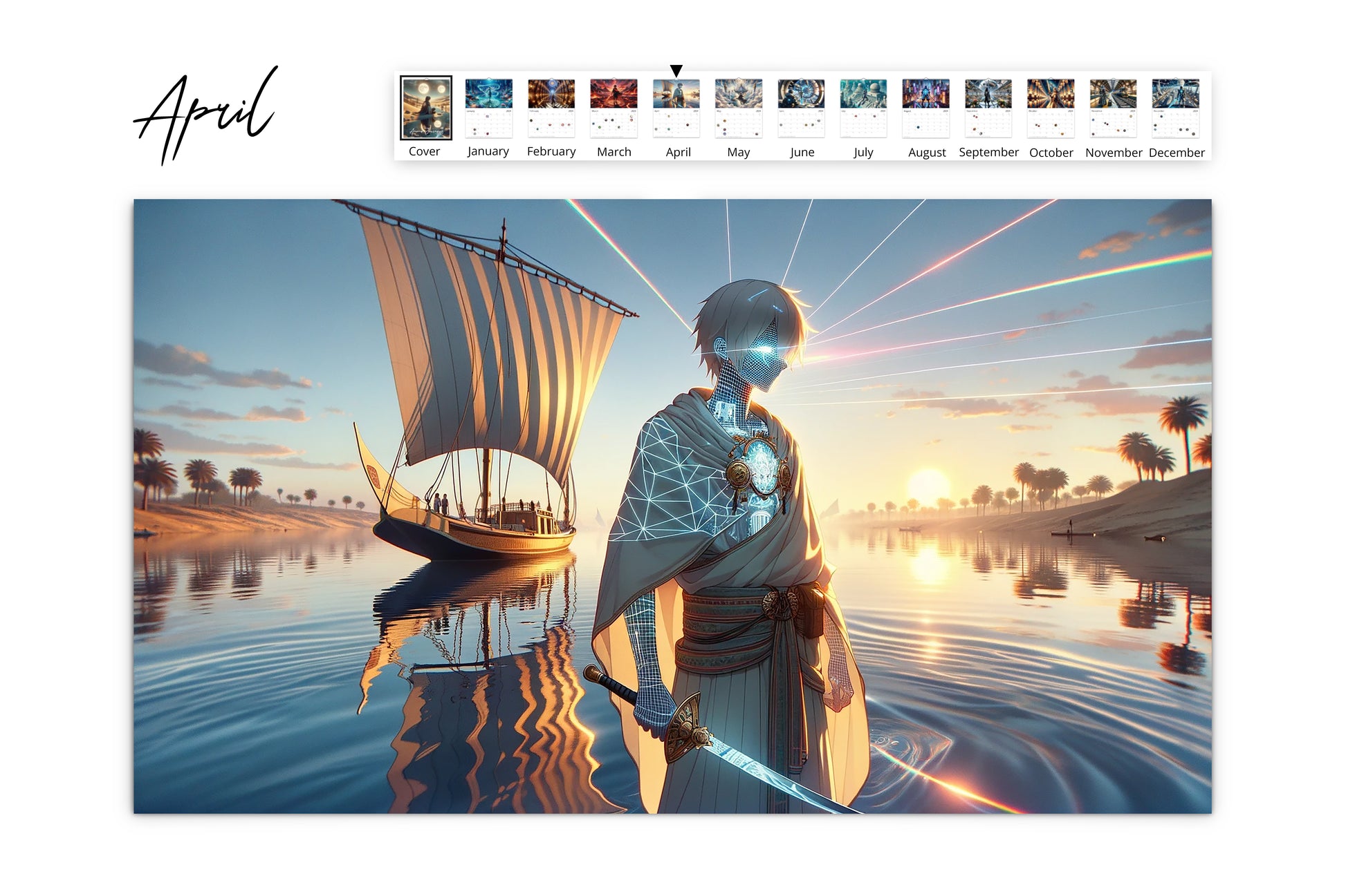 April calendar page showcasing a futuristic character standing by a river at sunset with a sailboat in the distance and the character’s armor reflecting intricate patterns.