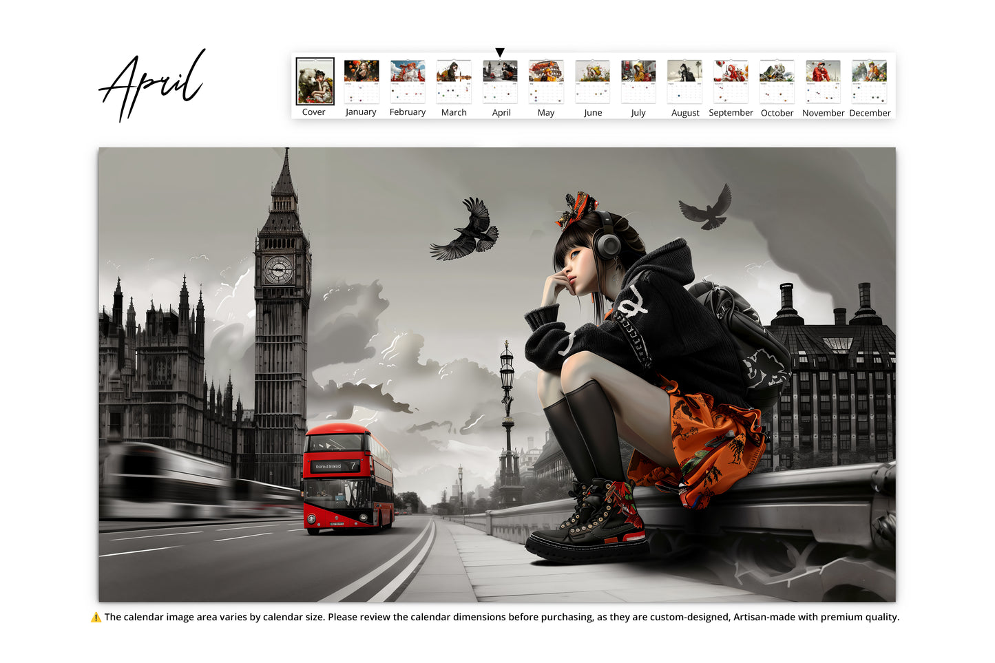 April page with a girl sitting on a railing in front of Big Ben in London, accompanied by birds and a red double-decker bus in the background