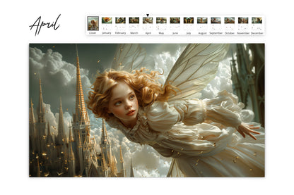 April page depicting a fairy princess in a flowing white gown soaring above a fantastical cityscape with spires and clouds